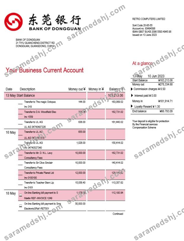 Bank of Dongguan organization account statement Word and PDF template